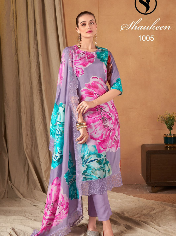 Pure Viscose Maslin Suit Set with Digital Print and Heavy Embroidery Lace