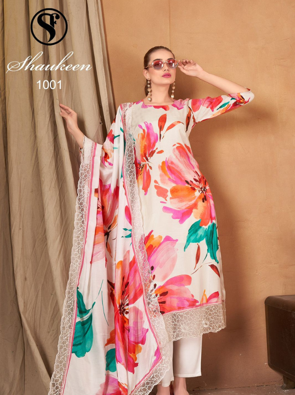 Pure Viscose Maslin Suit Set with Digital Print and Heavy Embroidery Lace
