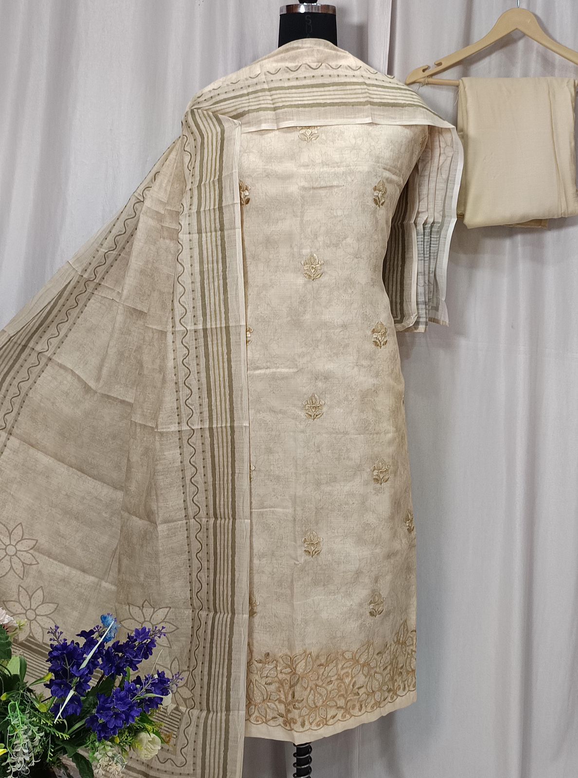 Cotton Linen Printed Shirt with Embroidery Work Suit