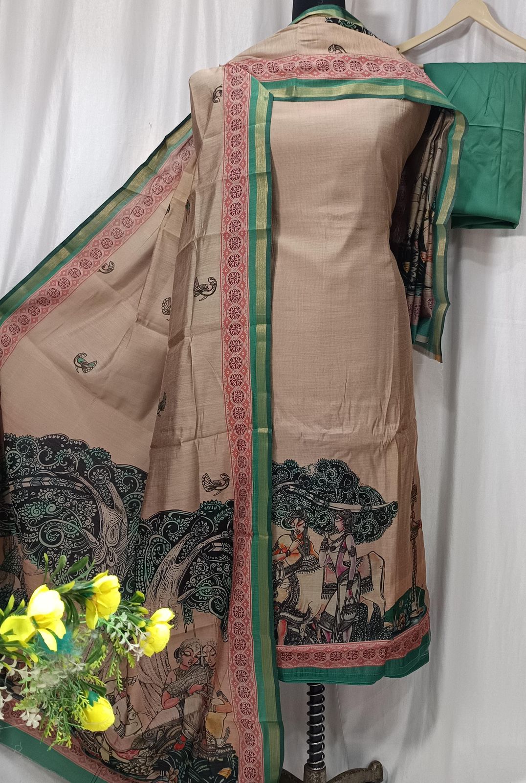 Pure Cotton Linen Printed Suit with Organza Embroidery Patchwork
