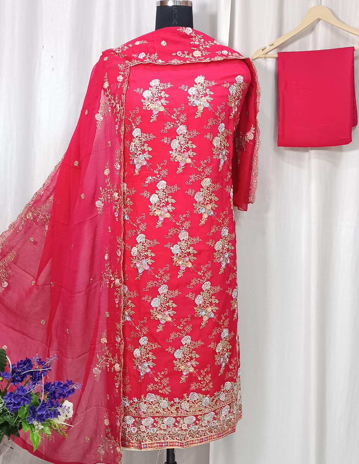 Elegant Pure Organza Embroidered Suit with Stone Work and Chiffon Dupatta