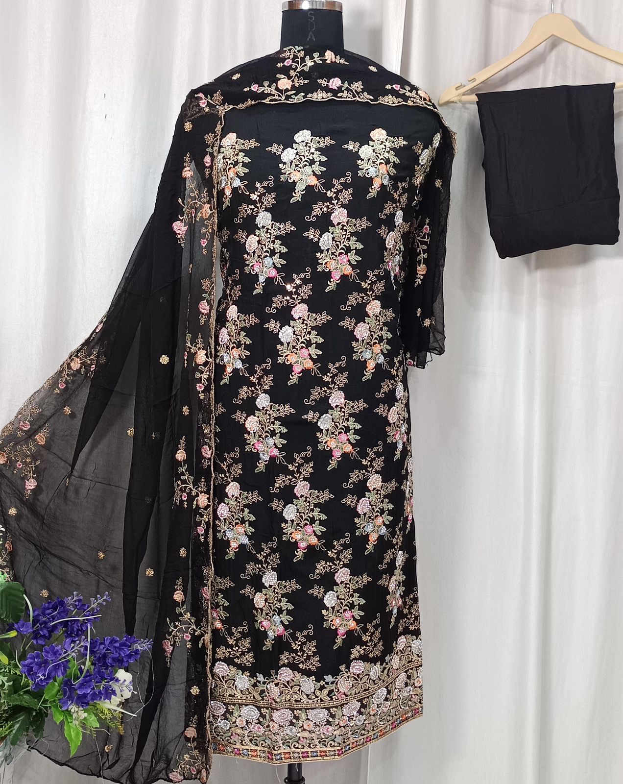 Elegant Pure Organza Embroidered Suit with Stone Work and Chiffon Dupatta