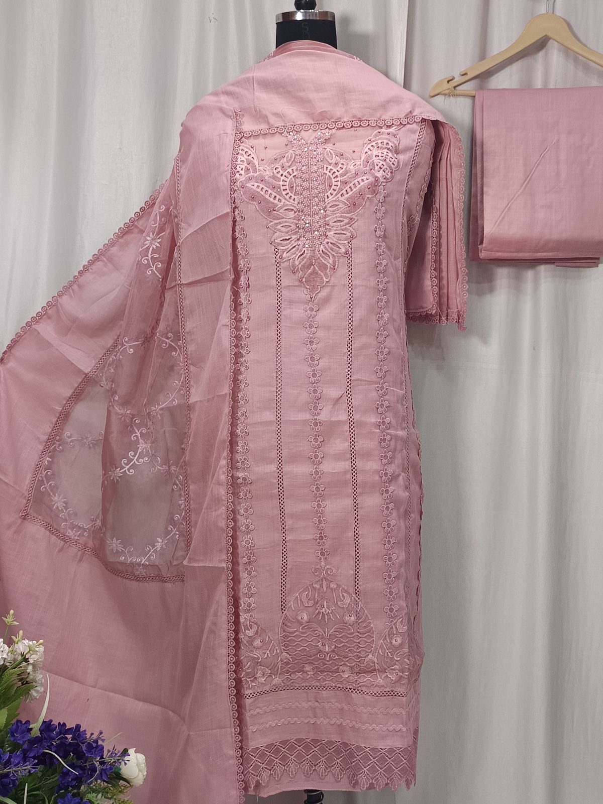 Cotton Linen Shirt with Embroidery Cut Work