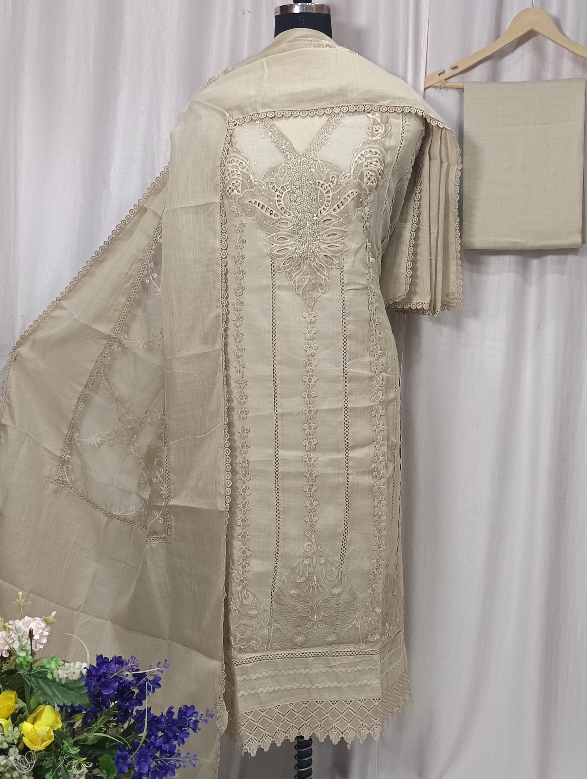 Cotton Linen Shirt with Embroidery Cut Work