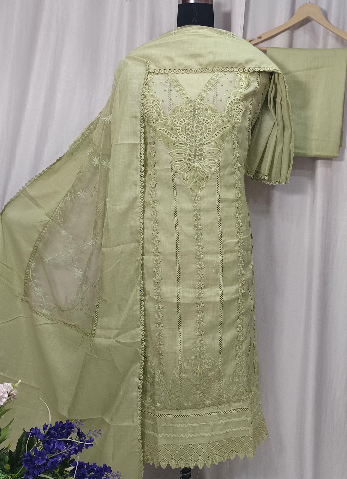 Cotton Linen Shirt with Embroidery Cut Work