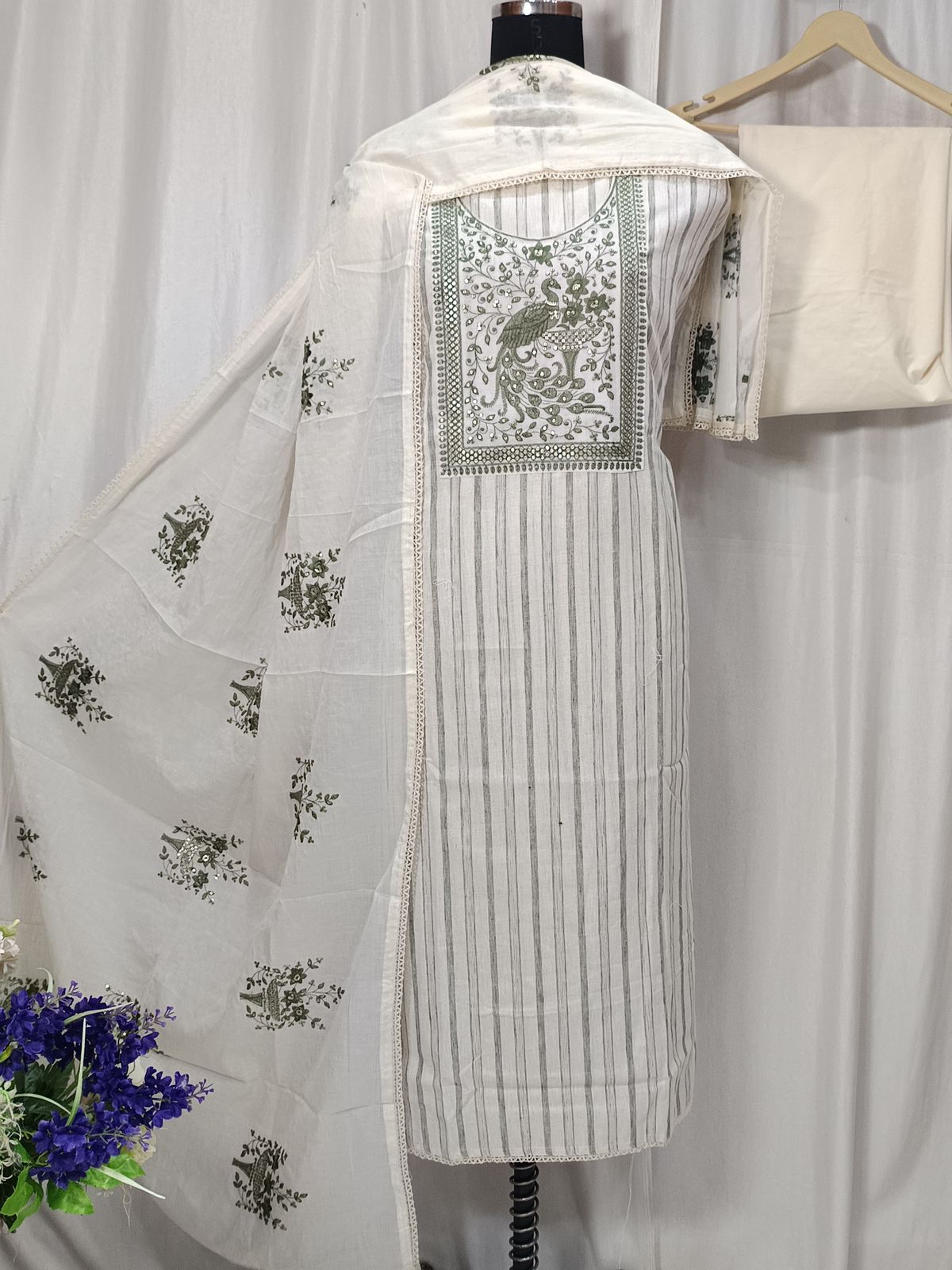 South Cotton Printed Suit Set with Neck Sequin Embroidery and Matching Dupatta