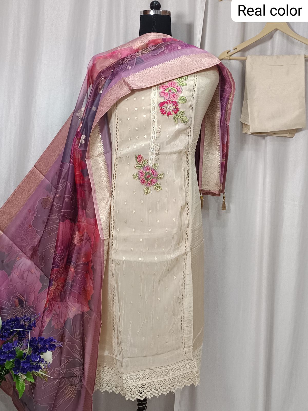 Pure Shimmer Banarasi Embroidered Suit with Organza Digital Print Dupatta