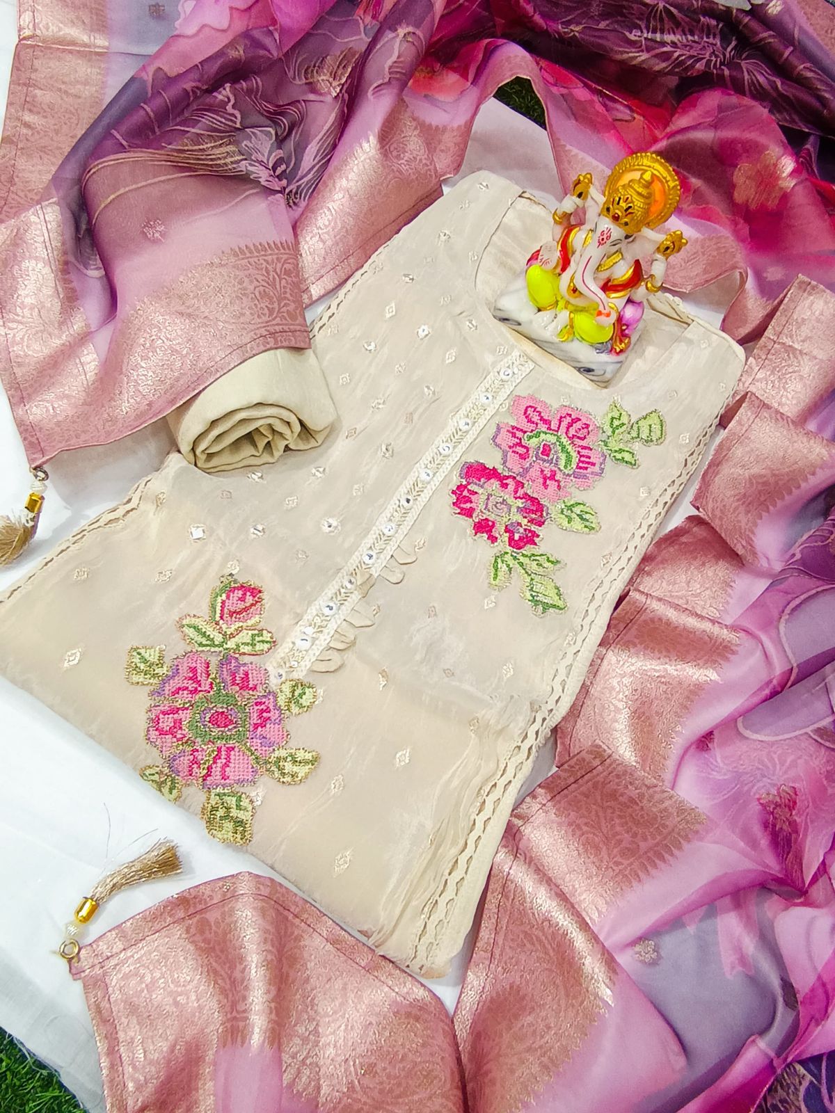 Pure Shimmer Banarasi Embroidered Suit with Organza Digital Print Dupatta