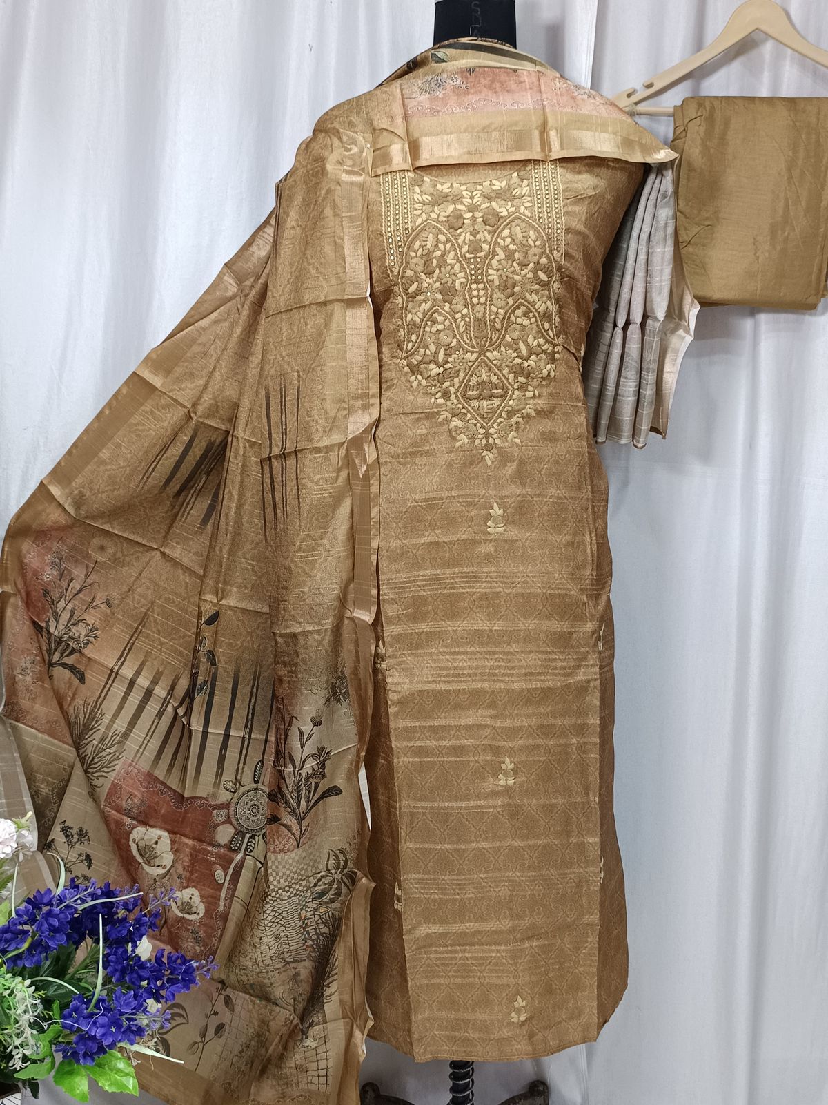 Pure Tusser Silk Printed Suit Set with Neck Sequin Embroidery