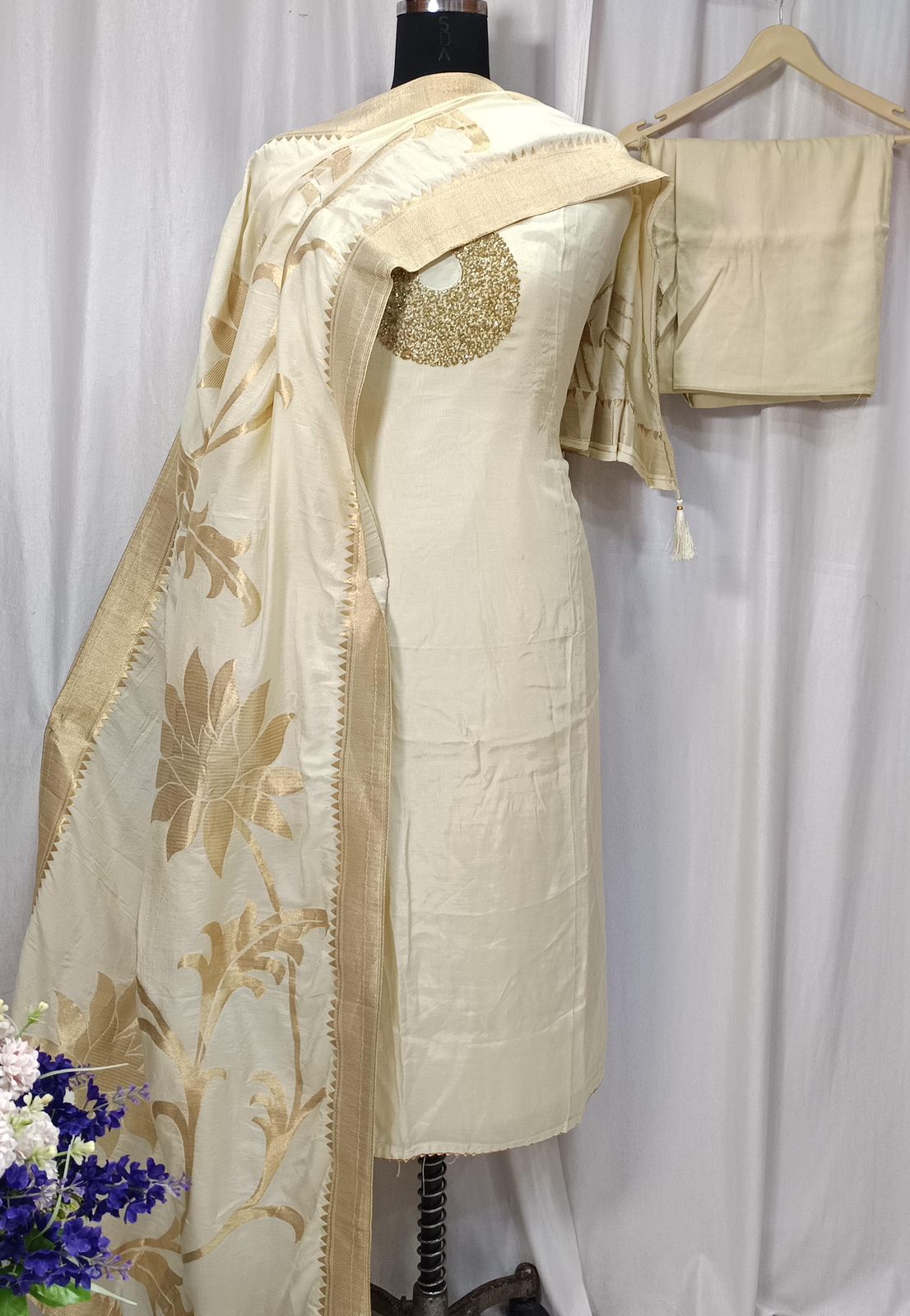 Pure Shimar Suit Set with Neck Handwork and Banarasi Work Dupatta