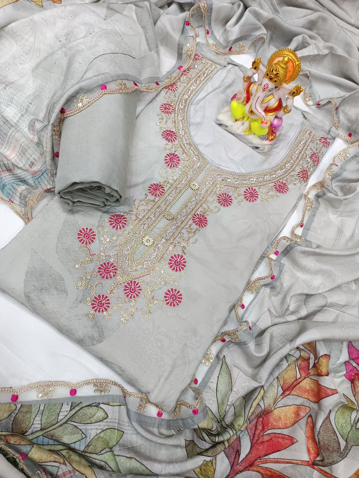 Pure Muslin Shirt with Digital Print & Neck Sequence Embroidery Work