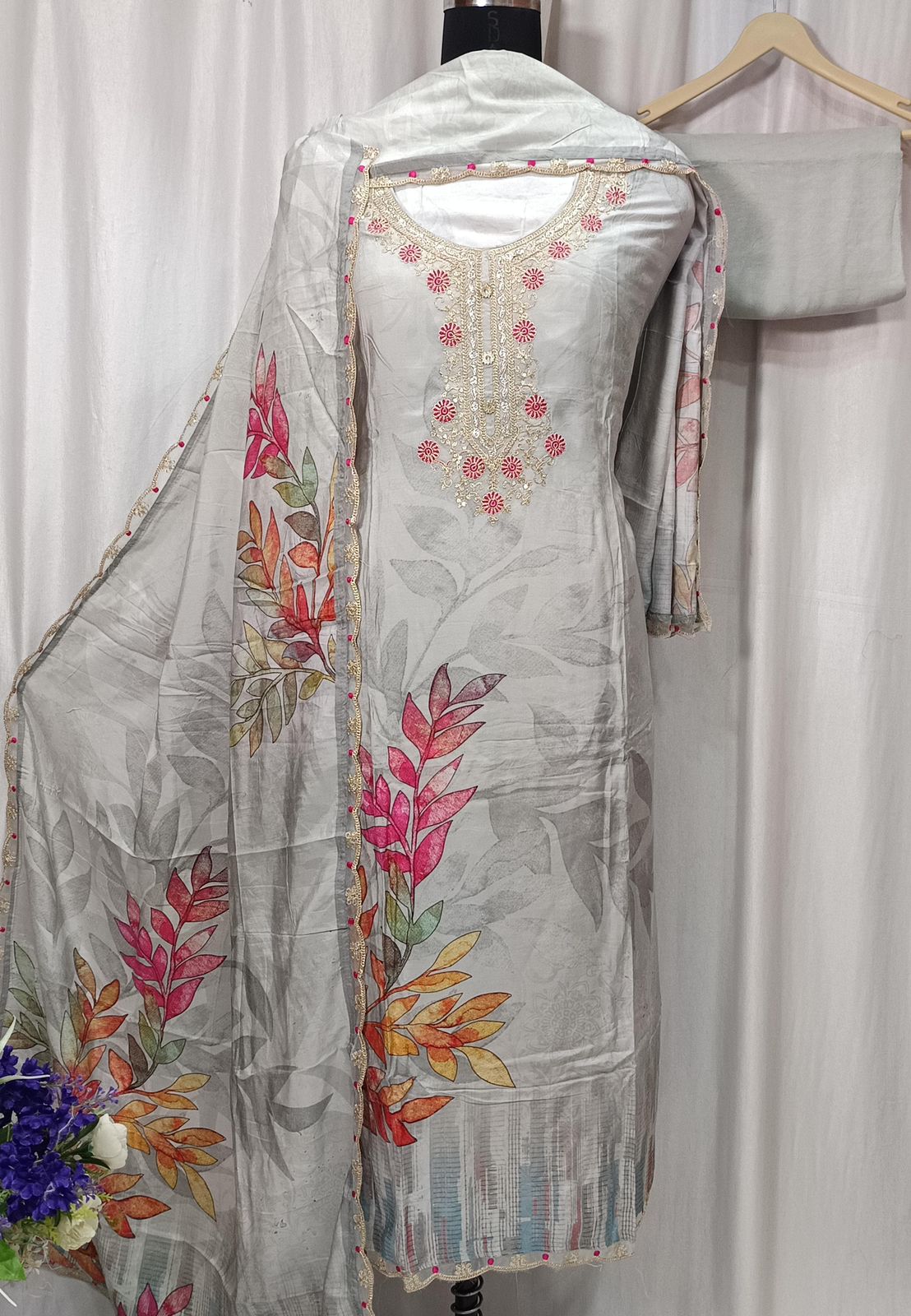 Pure Muslin Shirt with Digital Print & Neck Sequence Embroidery Work