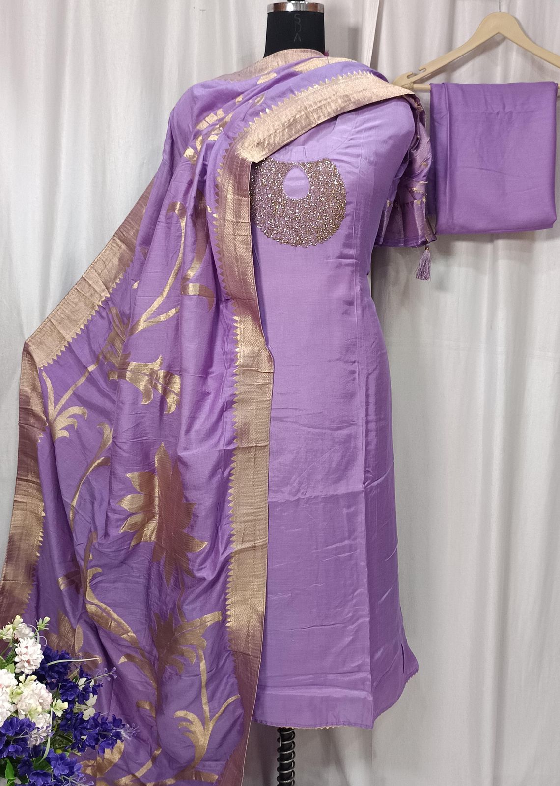 Pure Shimar Suit Set with Neck Handwork and Banarasi Work Dupatta