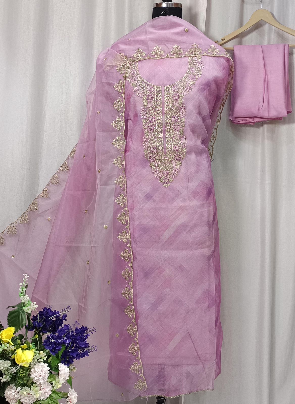 Pure Organza Digital Print Shirt with Neck Sequence Embroidery Work