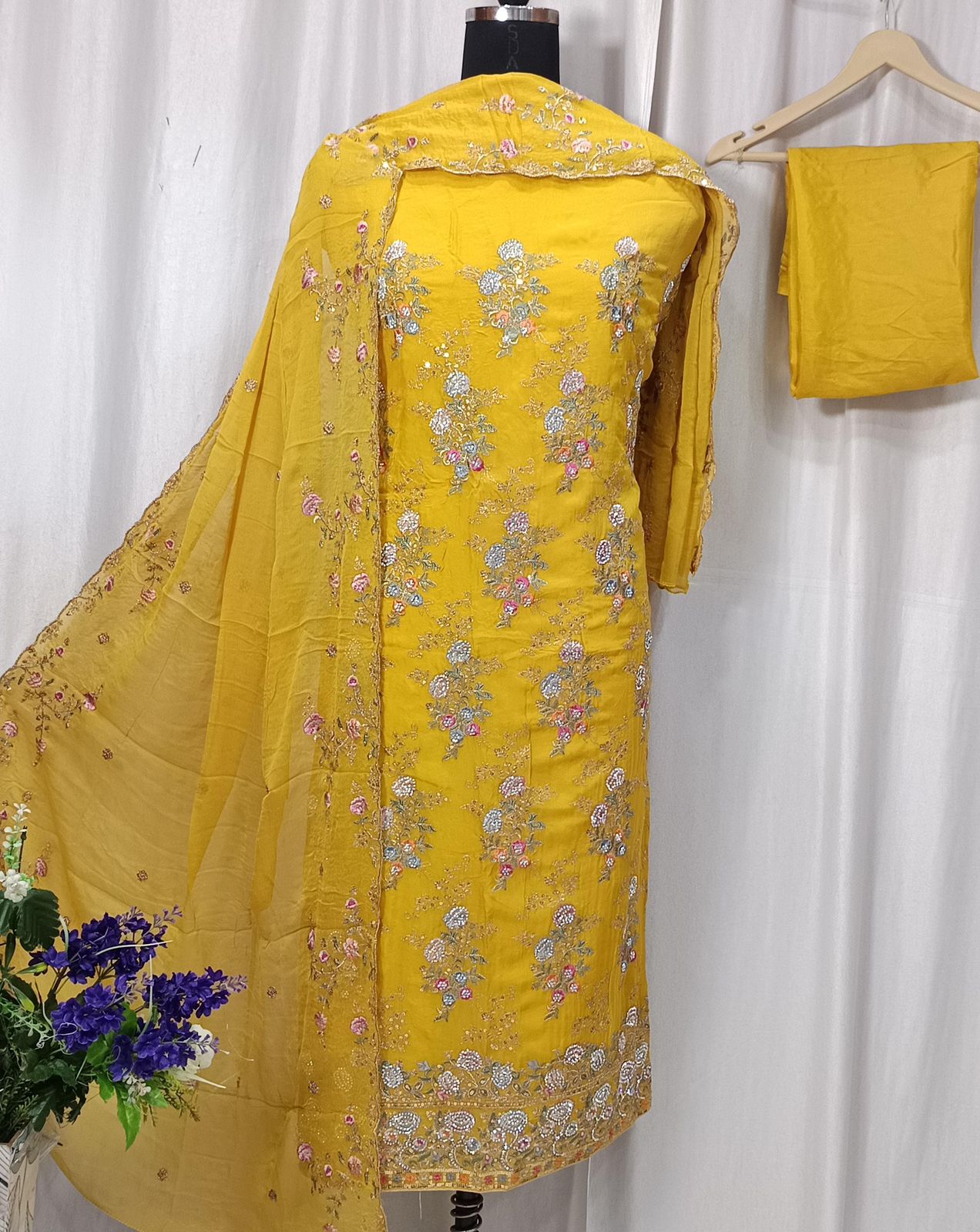 Elegant Pure Organza Embroidered Suit with Stone Work and Chiffon Dupatta