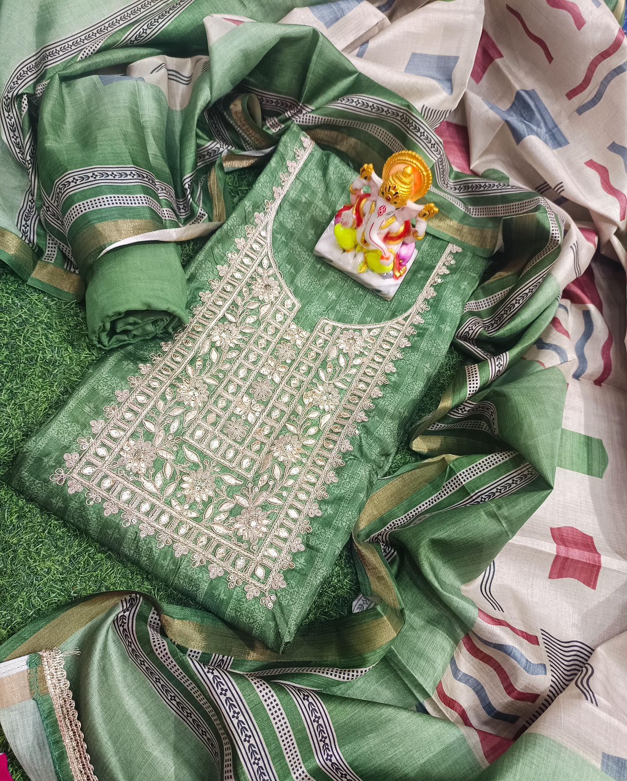 Tusser Silk Printed Suit with Gota Work and Digital Print Dupatta