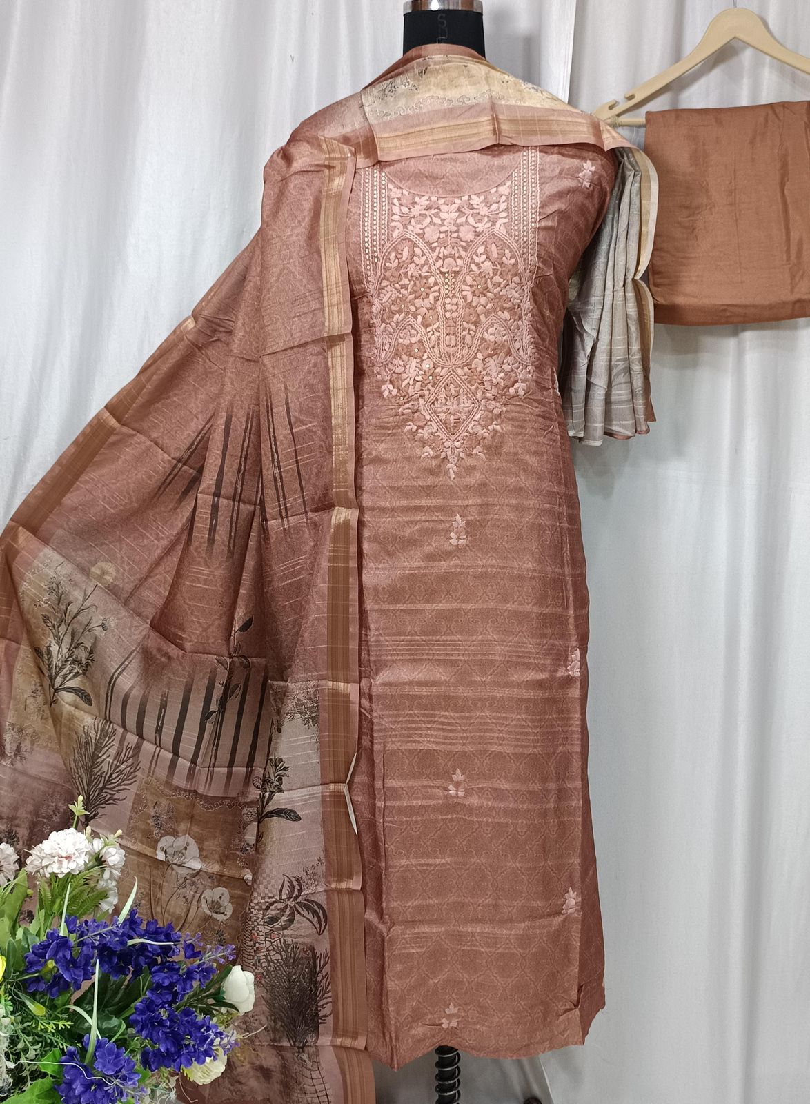Pure Tusser Silk Printed Suit Set with Neck Sequin Embroidery
