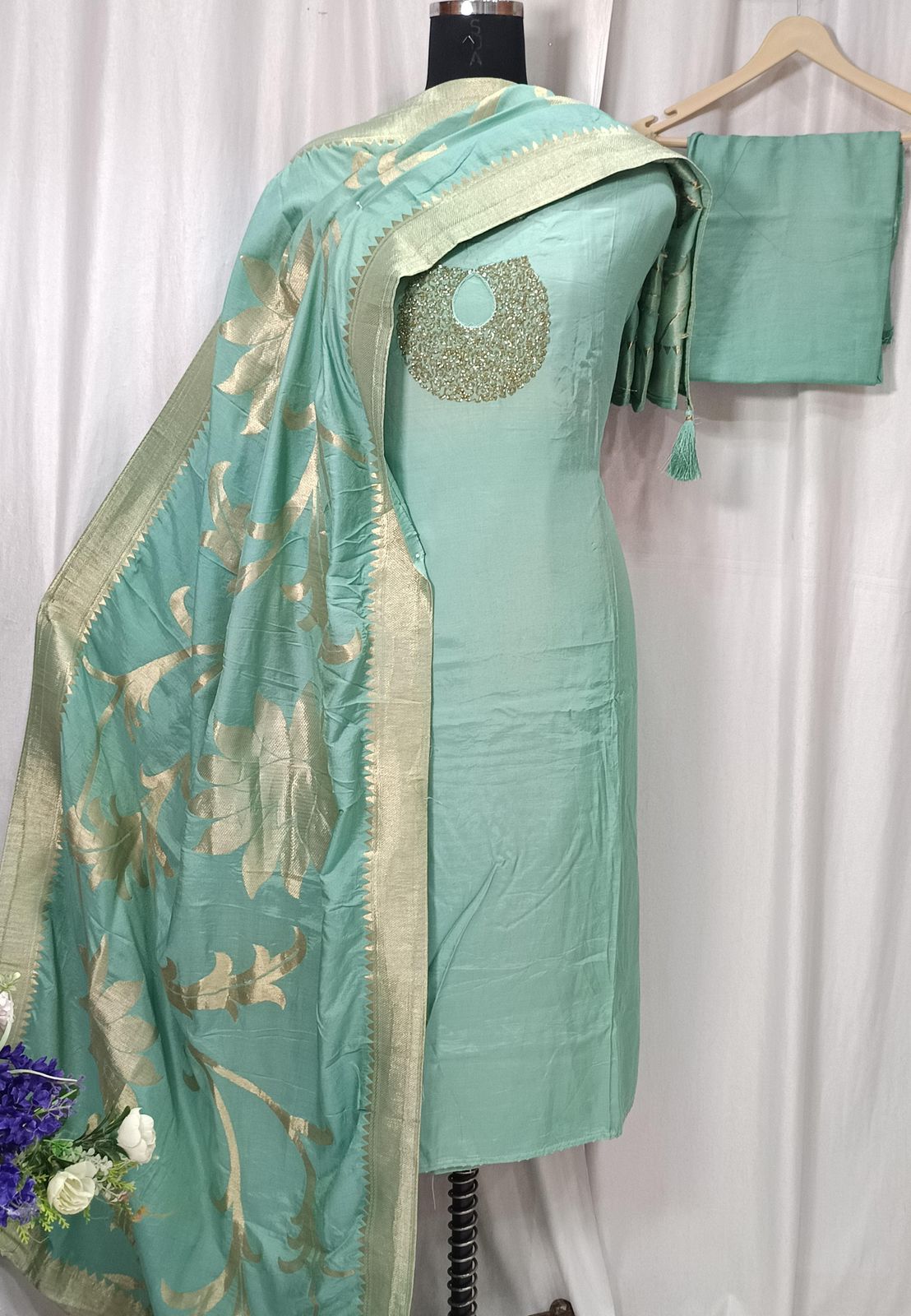 Pure Shimar Suit Set with Neck Handwork and Banarasi Work Dupatta