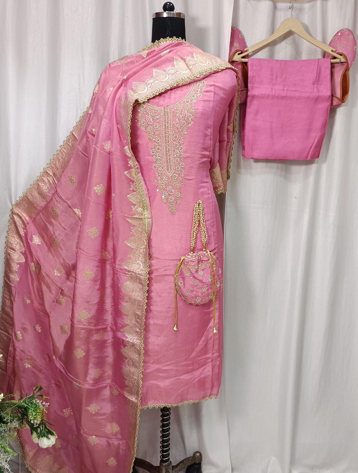 Pure Shimar Handwork Suit Set with Embroidered Potli & Jutti