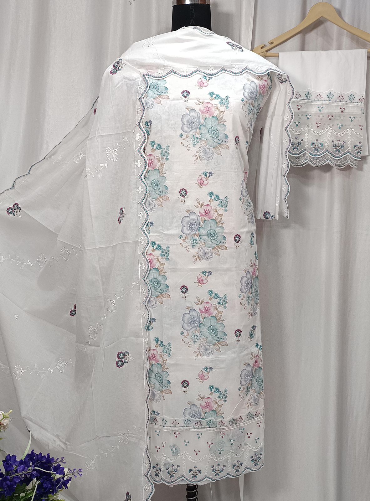 Pure Cotton Suit with Digital Print & Organza Embroidery Work