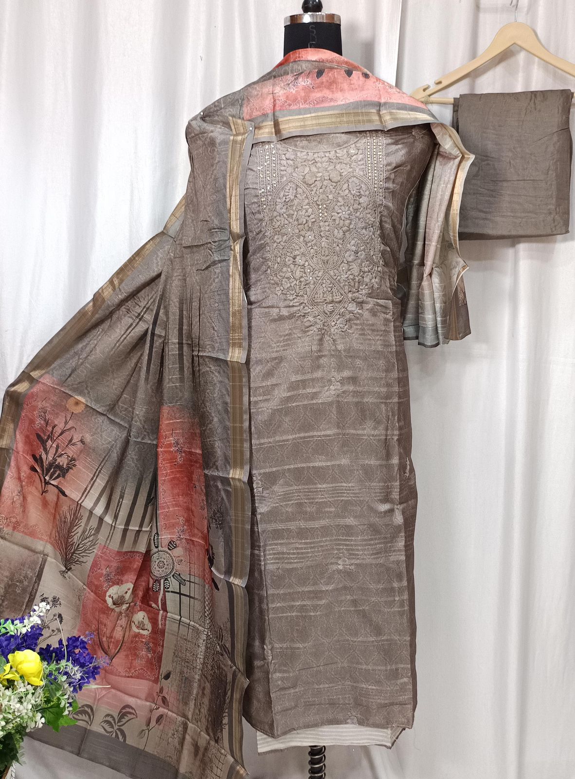 Pure Tusser Silk Printed Suit Set with Neck Sequin Embroidery