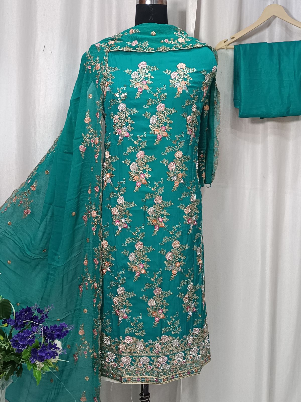 Elegant Pure Organza Embroidered Suit with Stone Work and Chiffon Dupatta