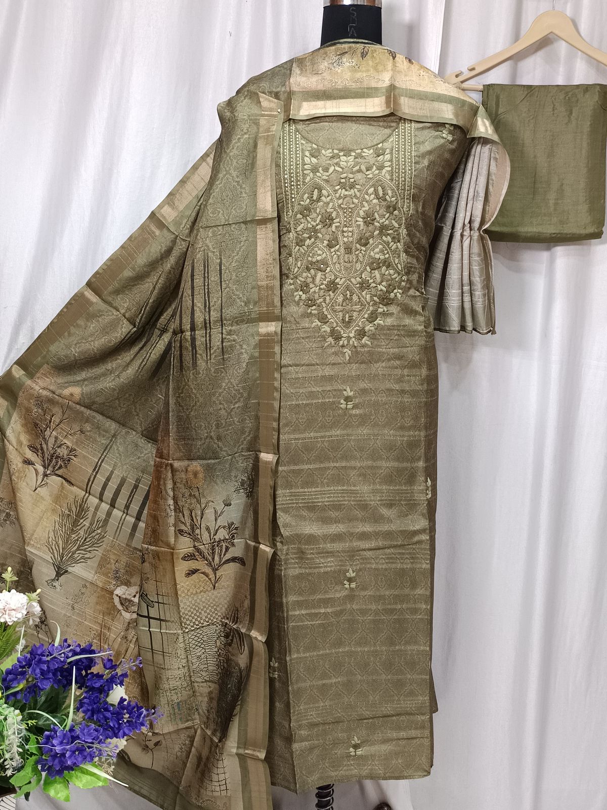 Pure Tusser Silk Printed Suit Set with Neck Sequin Embroidery