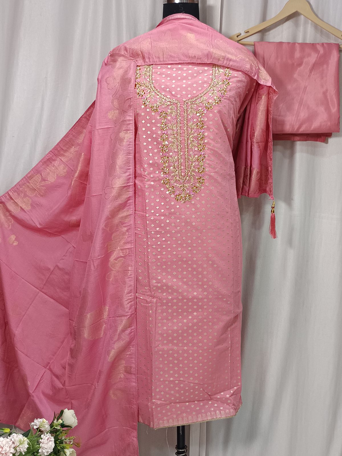 Maheshwari Banarasi Suit with Handwork & Tassel Dupatta