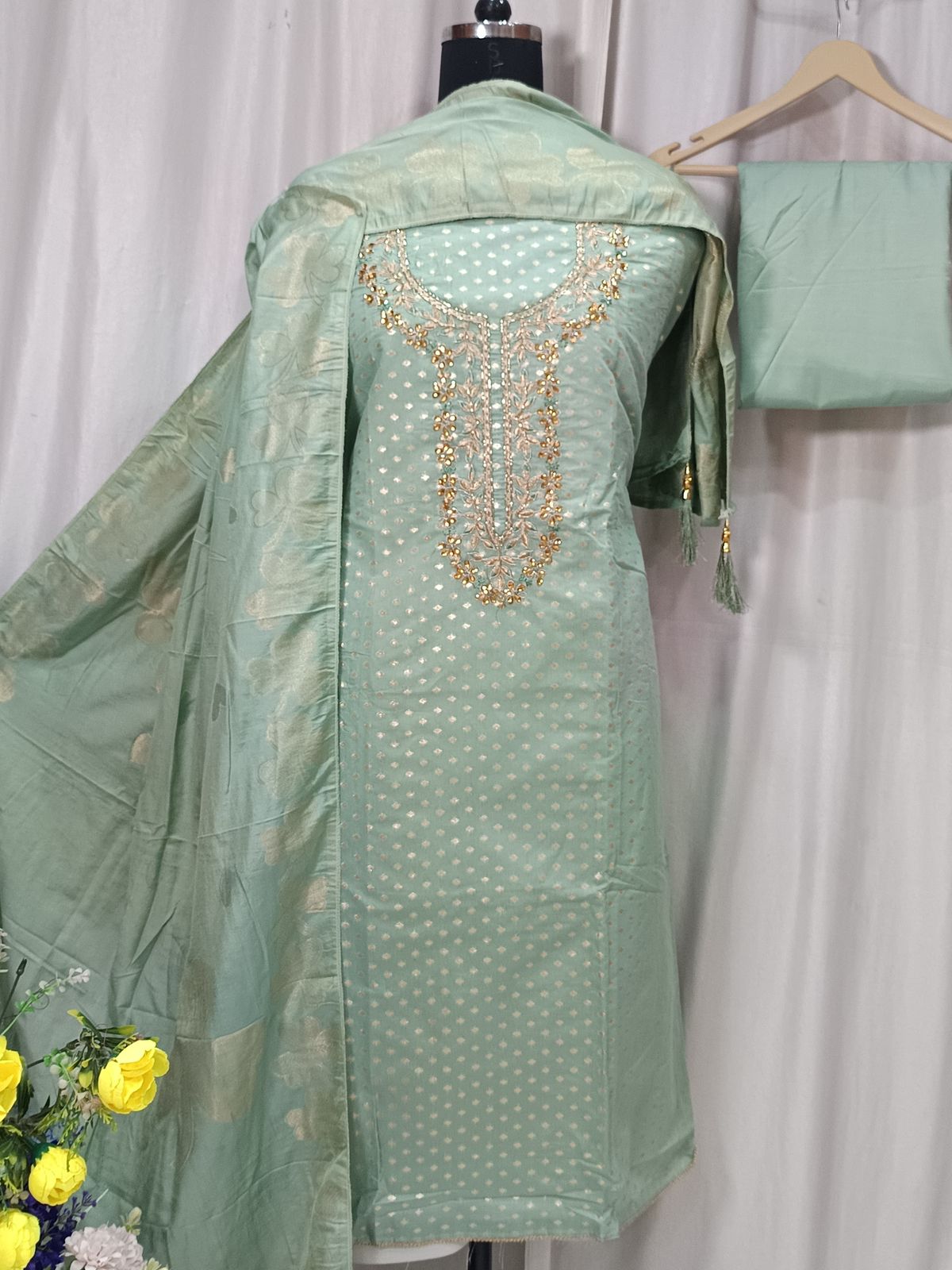 Maheshwari Banarasi Suit with Handwork & Tassel Dupatta