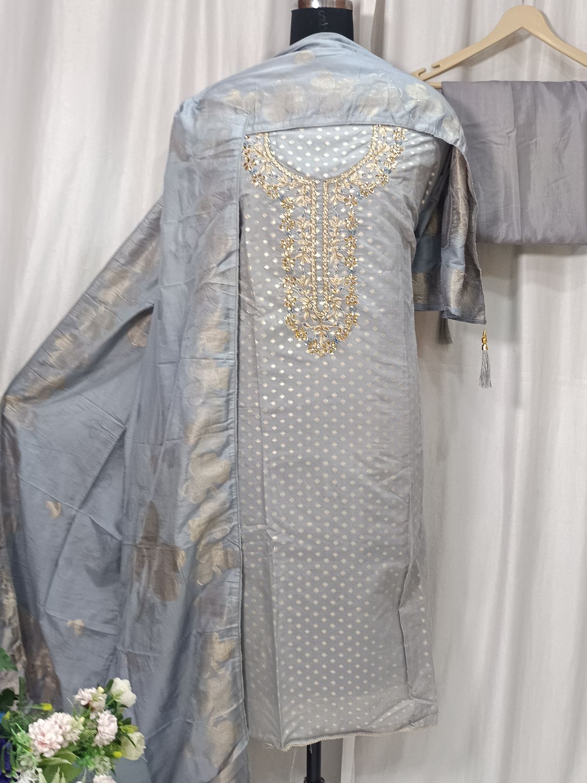 Maheshwari Banarasi Suit with Handwork & Tassel Dupatta