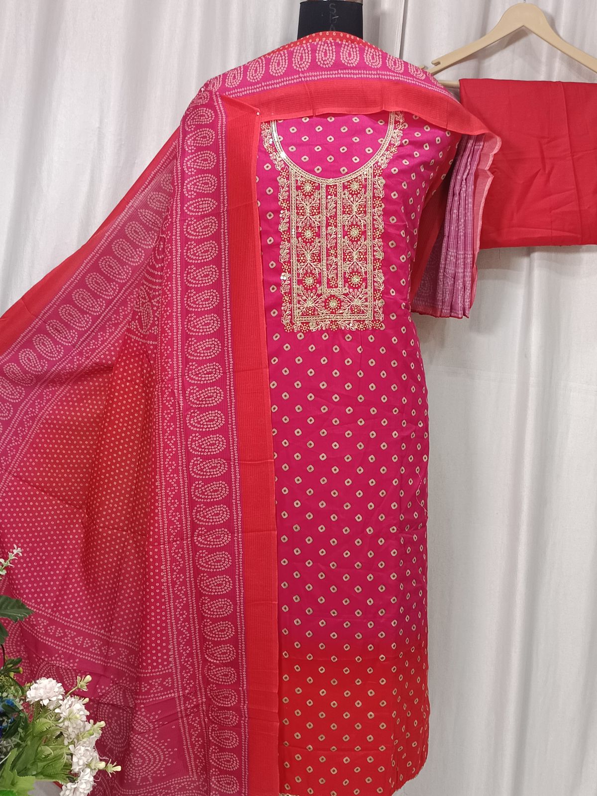 Bandhani Print Cotton Suit with Sequin Neck Embroidery