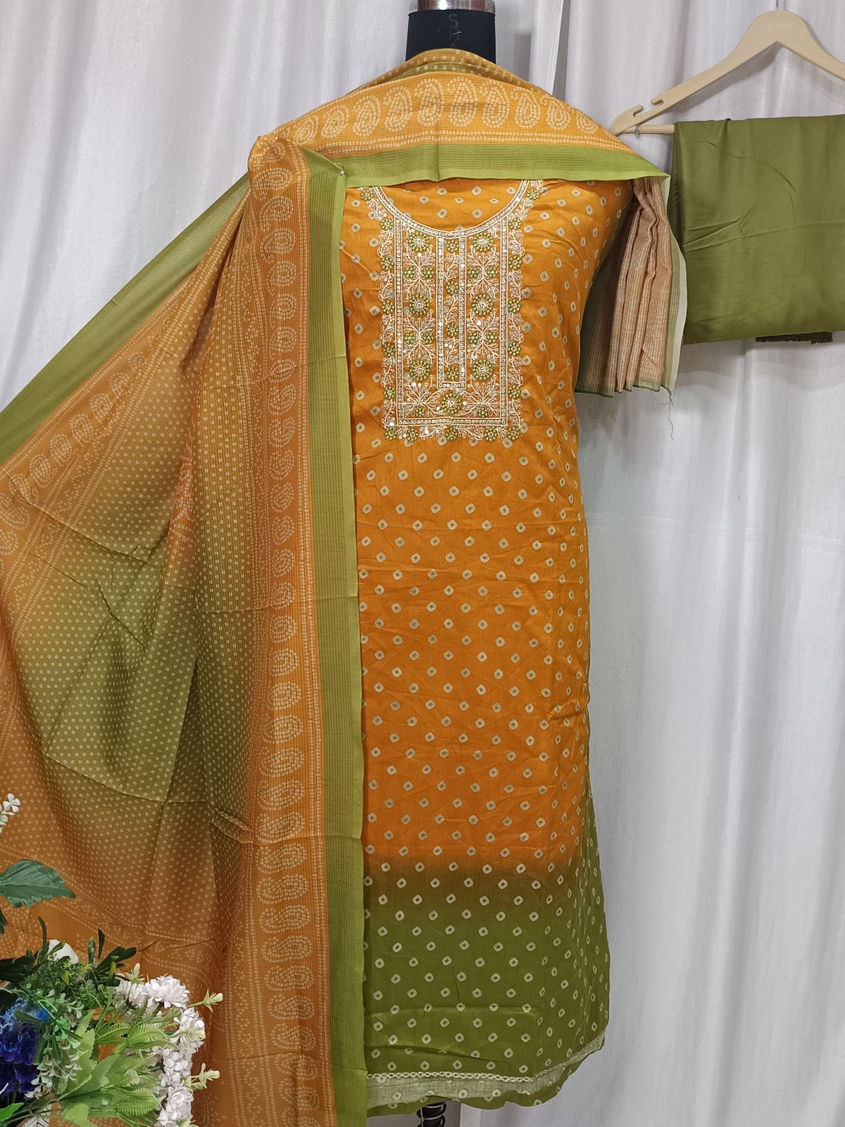 Bandhani Print Cotton Suit with Sequin Neck Embroidery