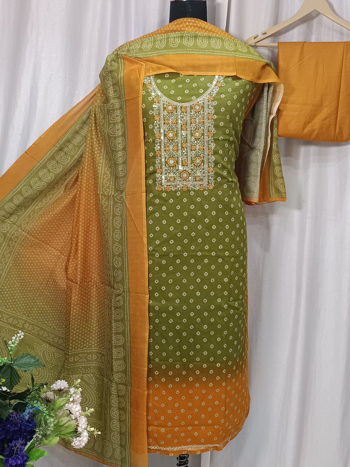 Bandhani Print Cotton Suit with Sequin Neck Embroidery