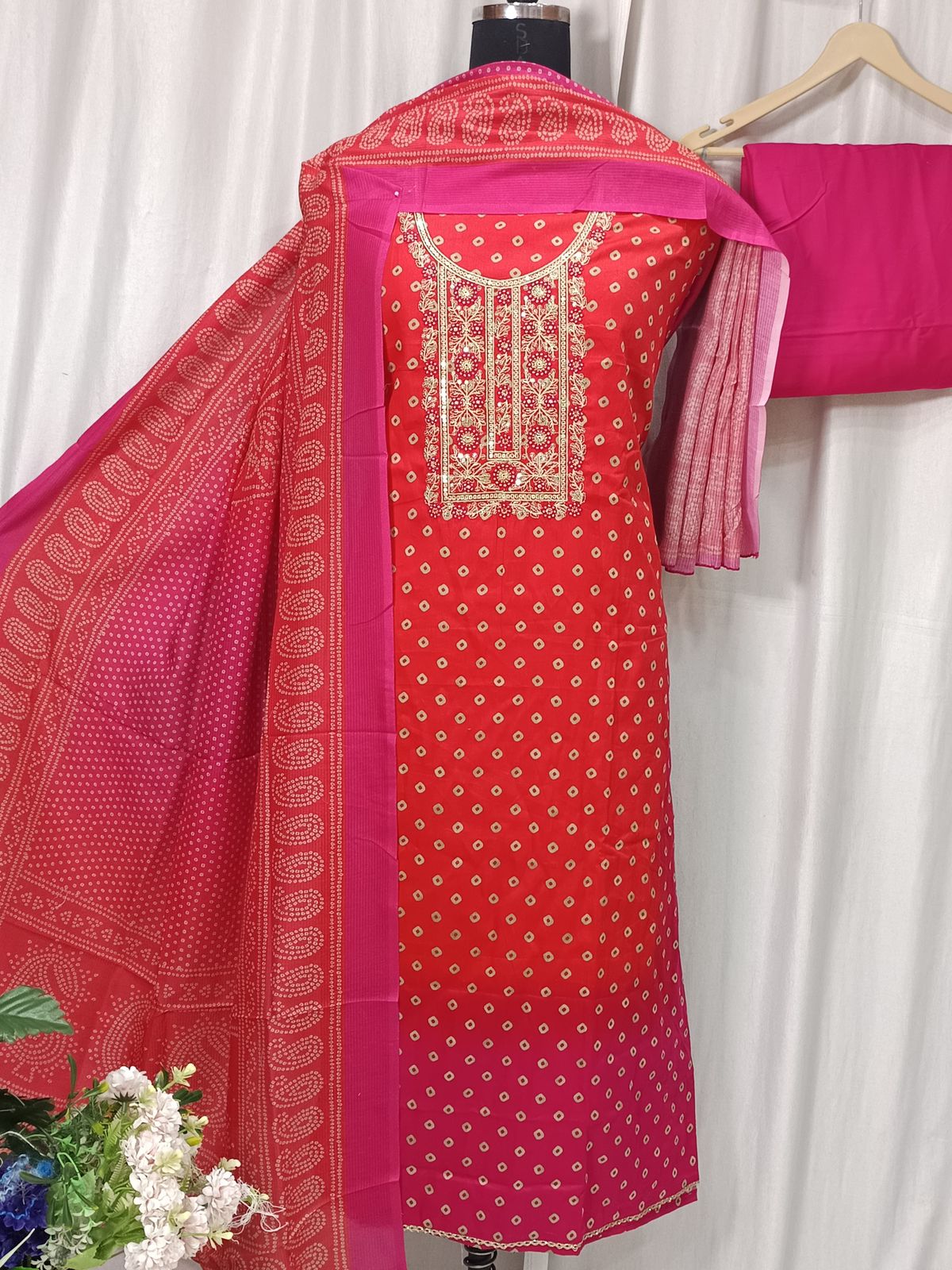 Bandhani Print Cotton Suit with Sequin Neck Embroidery