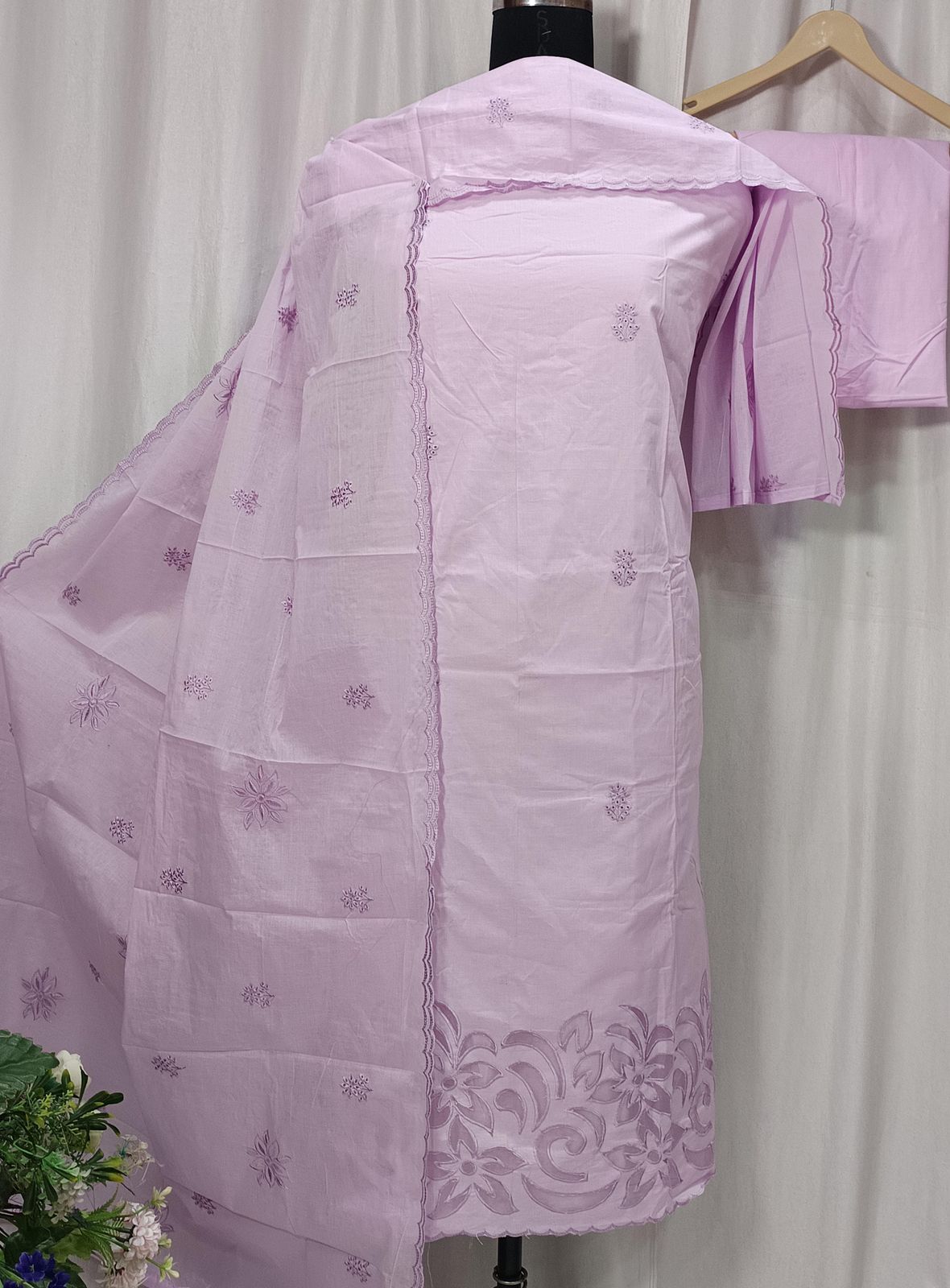 Cotton Embroidered Suit with Ghera Cutwork & Dupatta