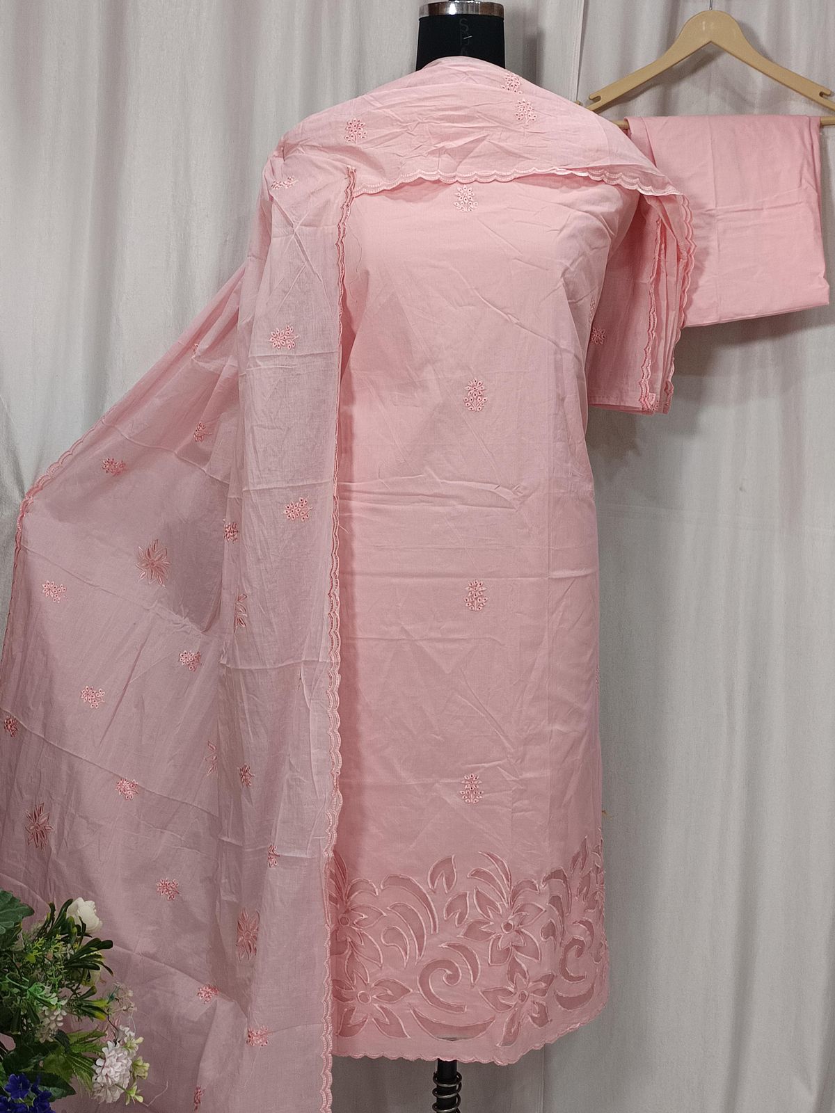 Cotton Embroidered Suit with Ghera Cutwork & Dupatta