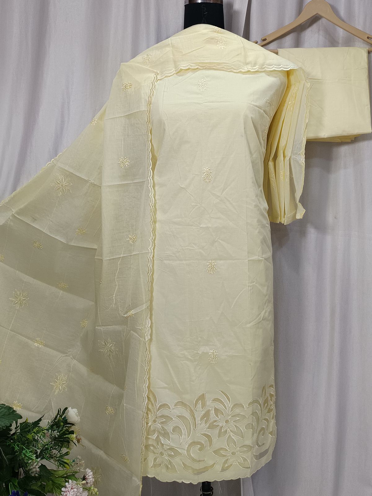 Cotton Embroidered Suit with Ghera Cutwork & Dupatta
