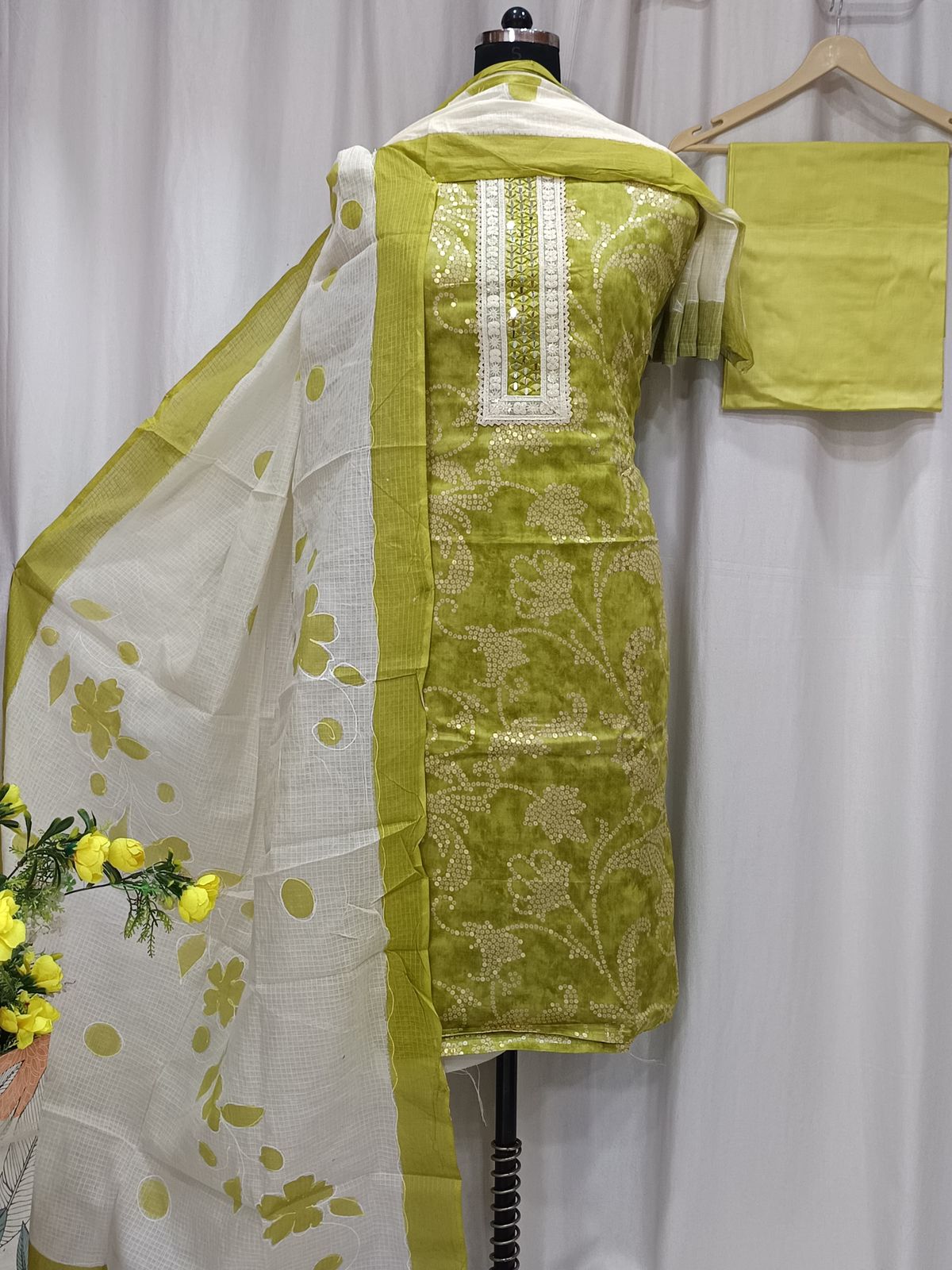 Cotton Mirror Work Suit with Brush-Painted Kota Dupatta