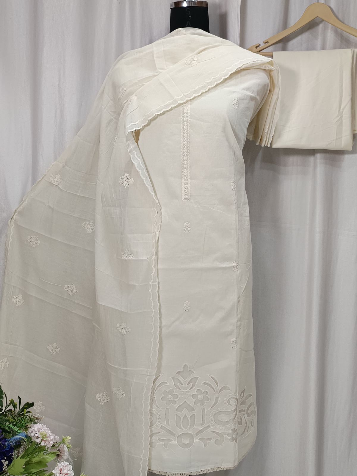 Cotton Embroidered Suit with Ghera Cutwork and Dupatta