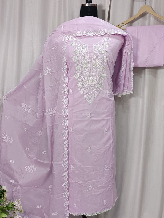 Cotton Embroidered Suit with Ghera Cutwork and Dupatta