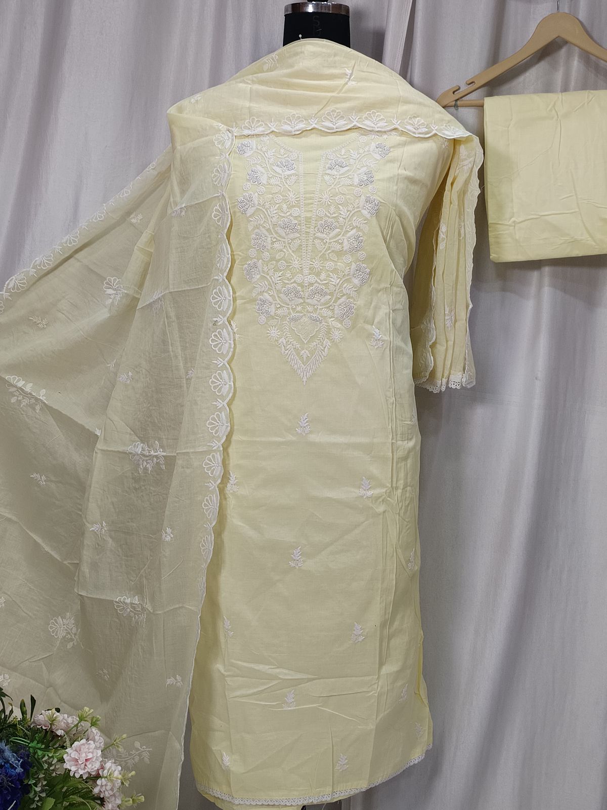 Cotton Embroidered Suit with Ghera Cutwork and Dupatta