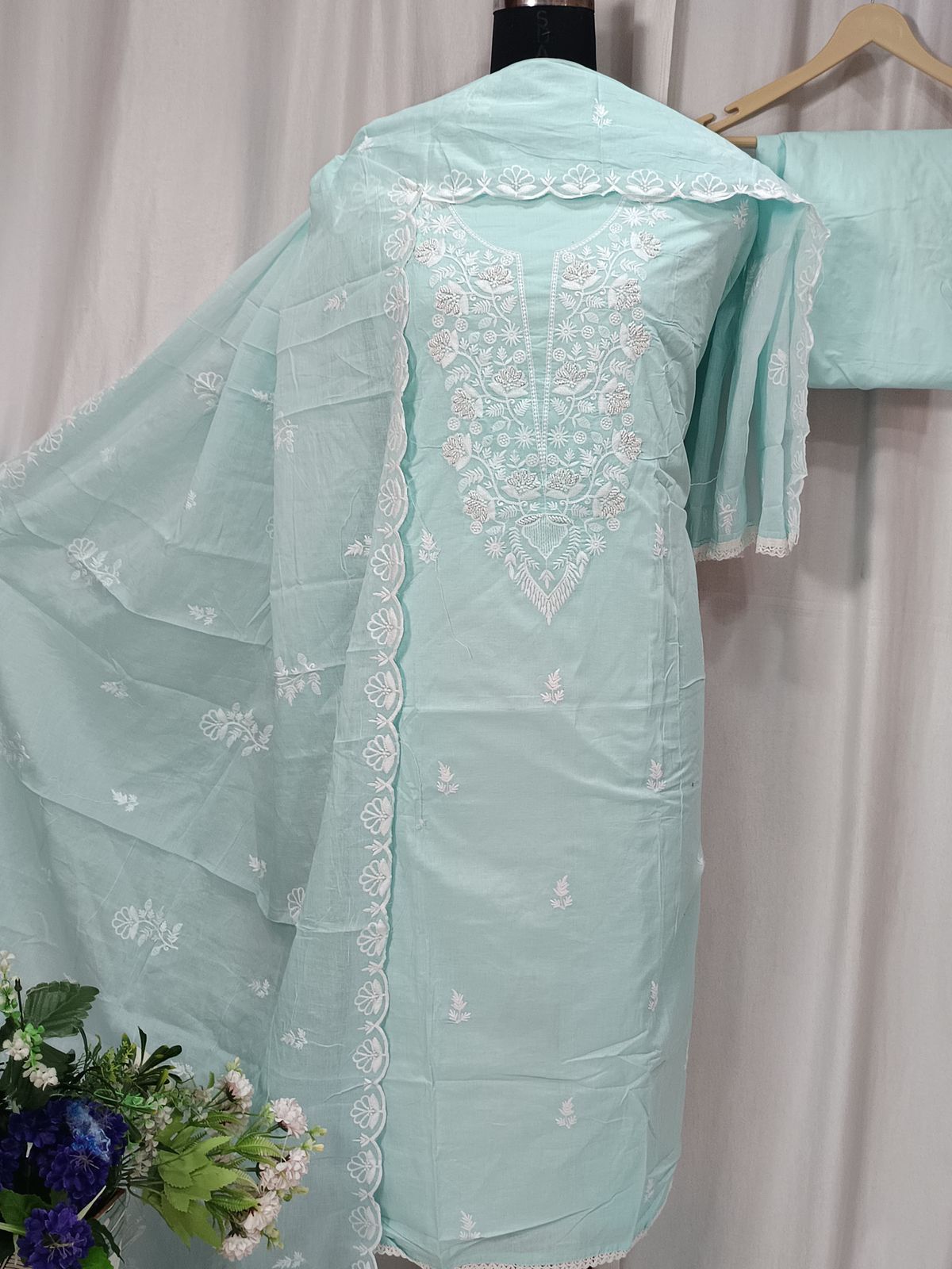 Cotton Embroidered Suit with Ghera Cutwork and Dupatta