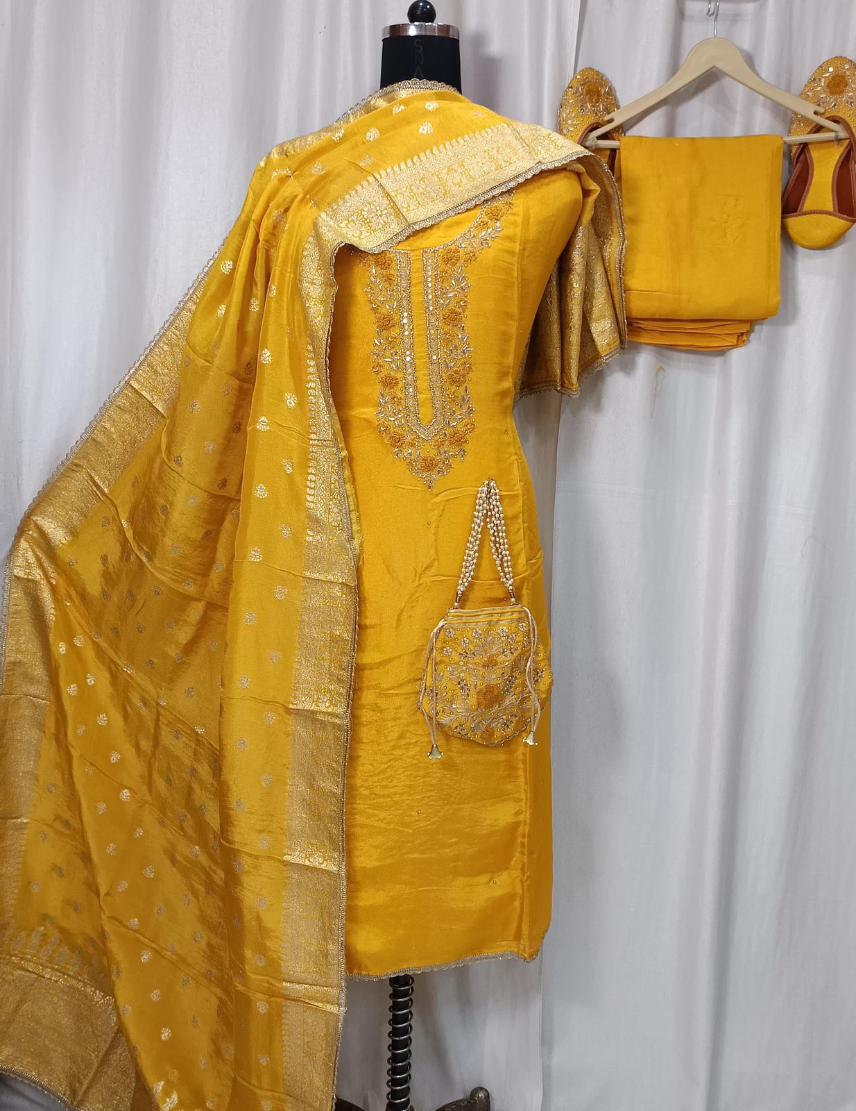 Pure Shimar Handwork Suit Set with Embroidered Potli & Jutti
