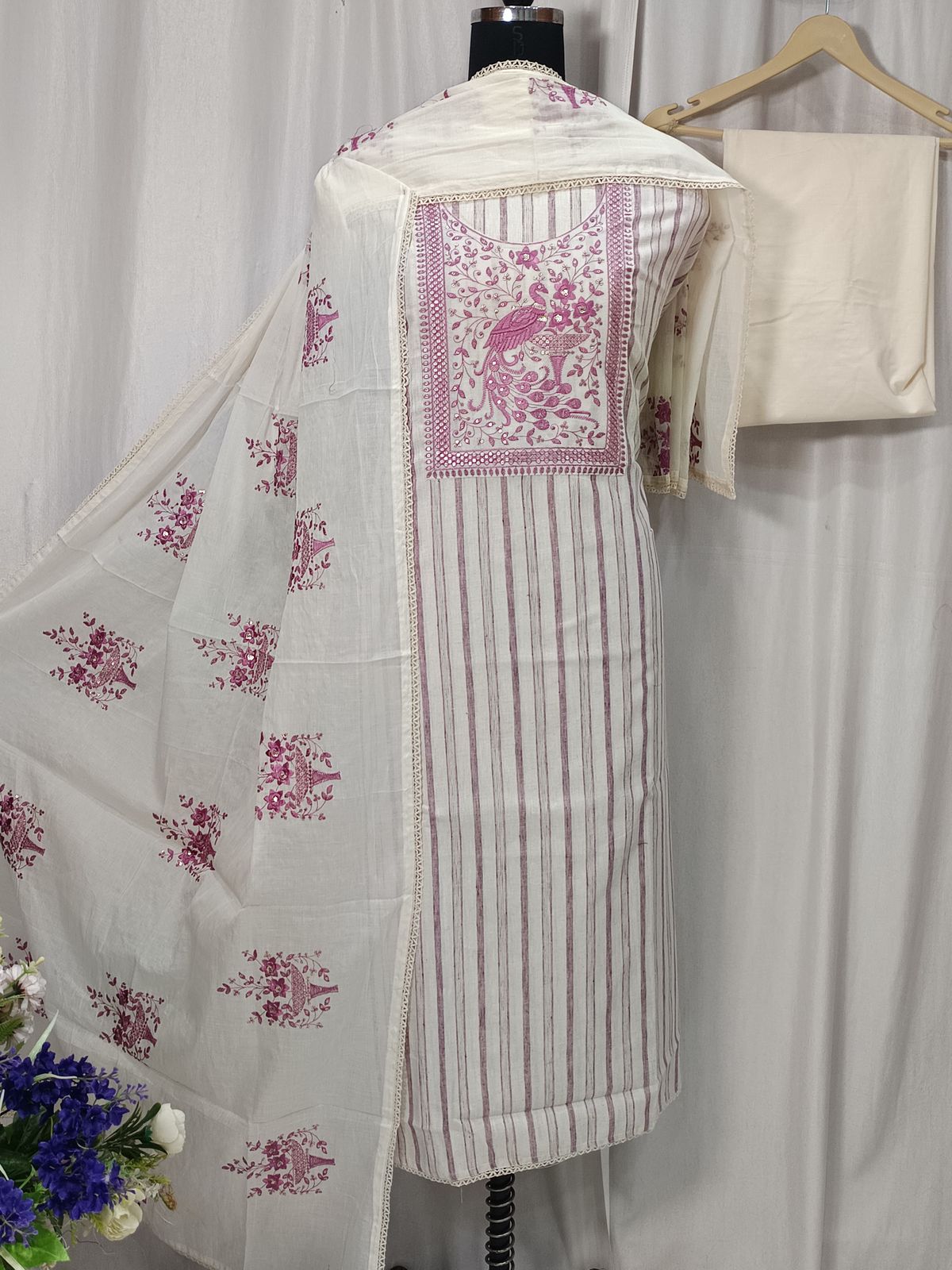South Cotton Printed Suit Set with Neck Sequin Embroidery and Matching Dupatta