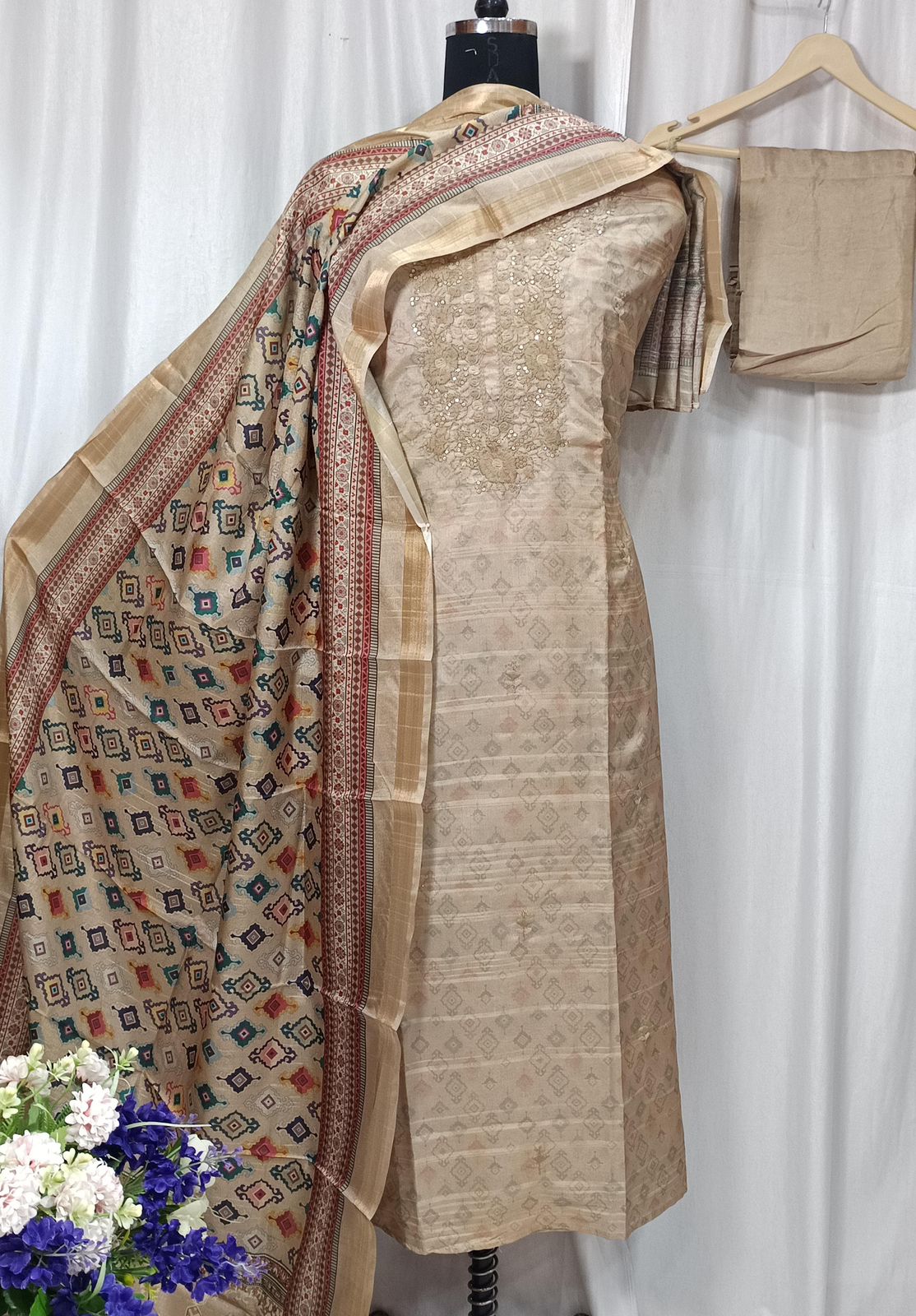 Pure Tusser Silk Printed Suit Set with Neck Sequin Embroidery and Digital Print Dupatta