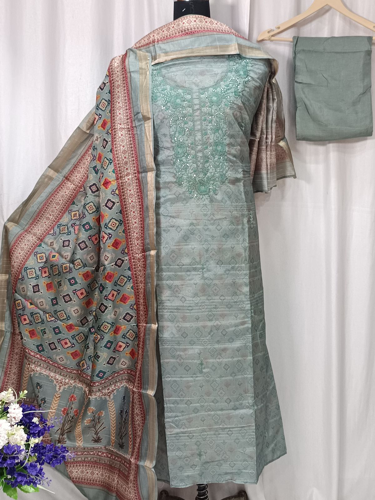 Pure Tusser Silk Printed Suit Set with Neck Sequin Embroidery and Digital Print Dupatta