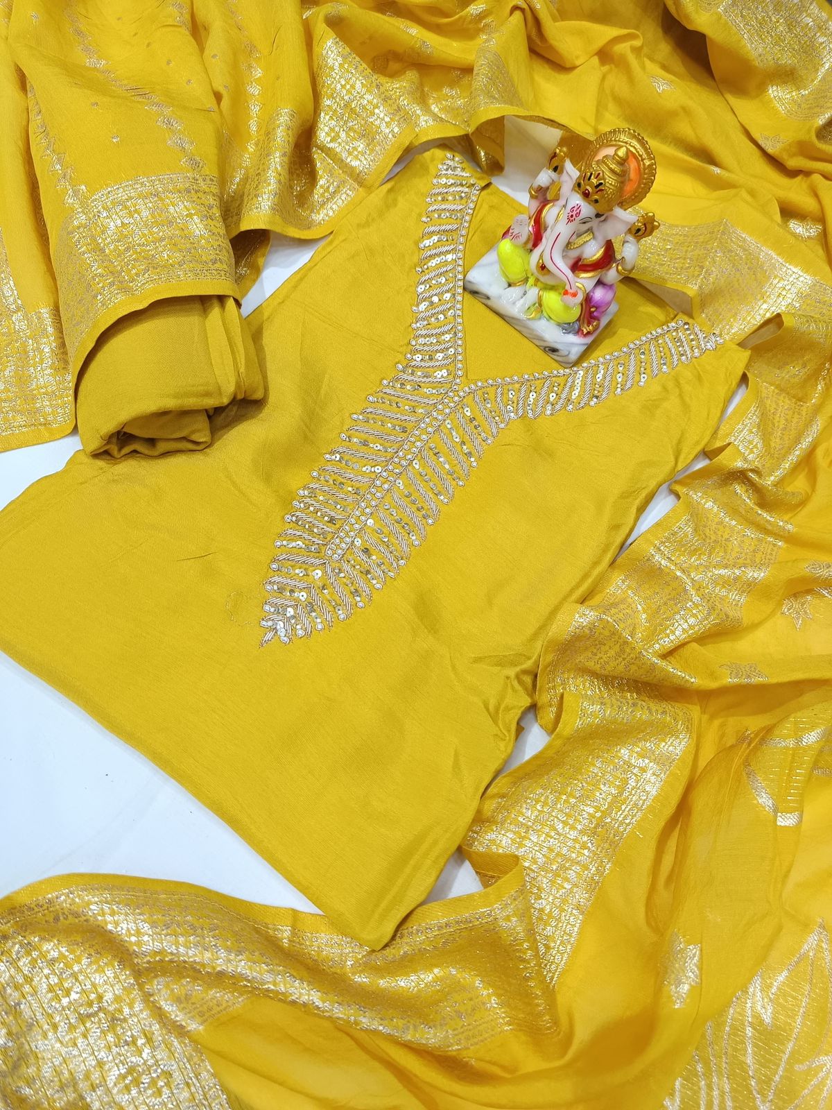 Yellow Muslin Hand-Embroidered Suit with Banarasi Dola Dupatta