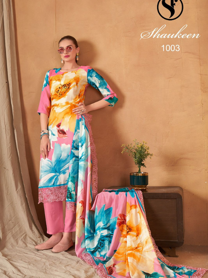 Pure Viscose Maslin Suit Set with Digital Print and Heavy Embroidery Lace