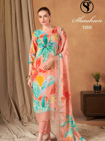 Pure Viscose Maslin Suit Set with Digital Print and Heavy Embroidery Lace