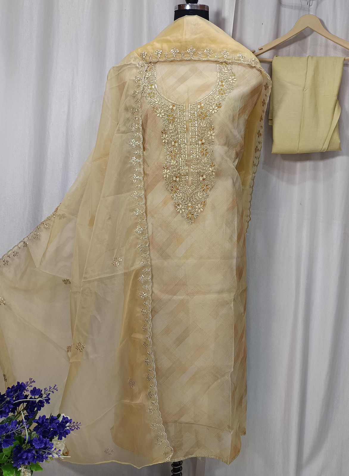 Pure Organza Digital Print Shirt with Neck Sequence Embroidery Work